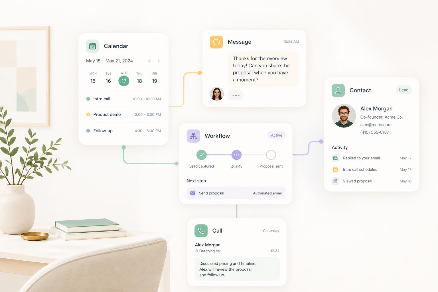 Connected business systems: calendar, messaging, CRM contacts, workflow automation and call logs